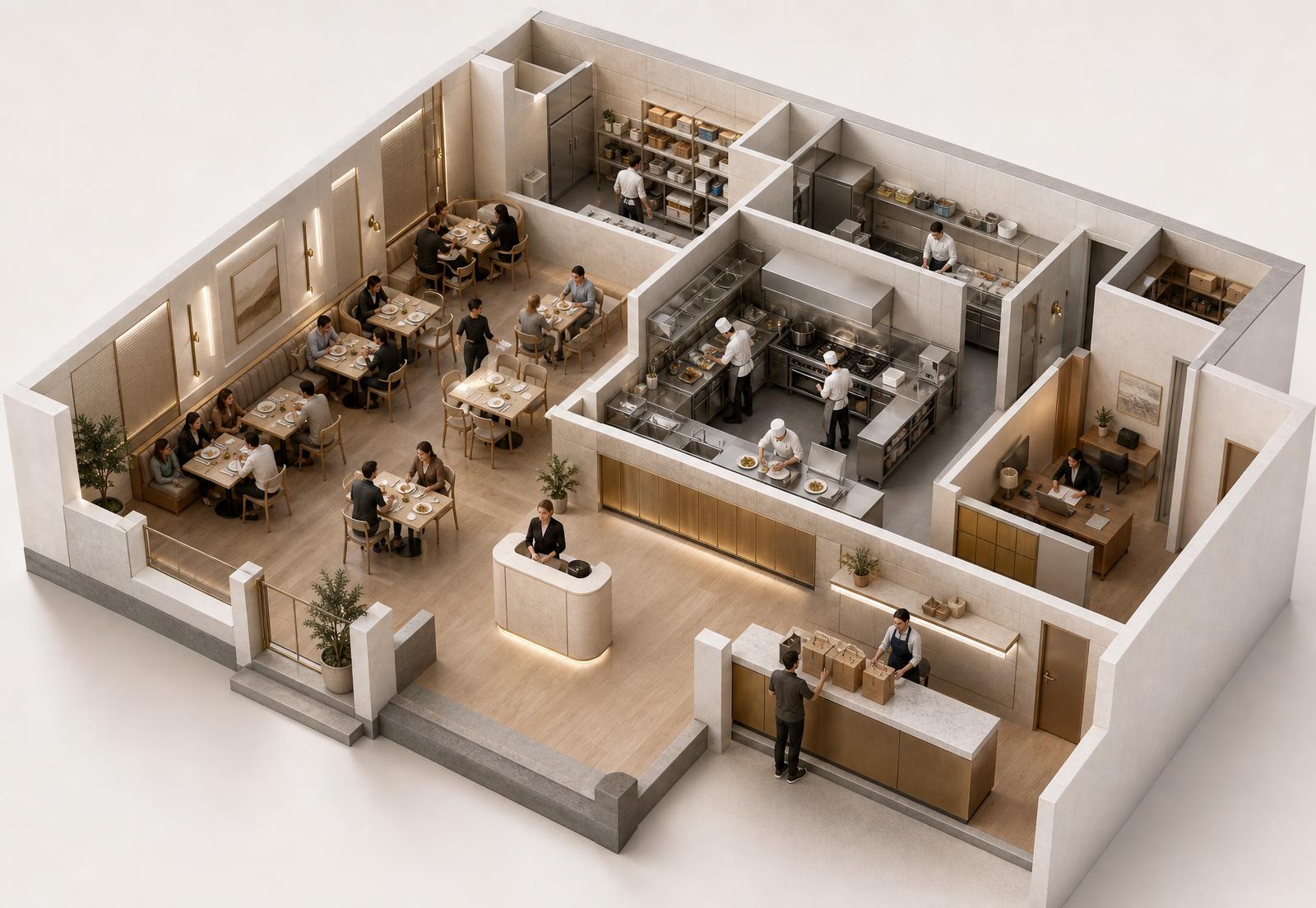 Elevated cutaway view of a modern restaurant business showing dining room, kitchen, back of house, storage, management area and delivery counter